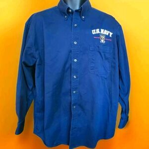 Vantage US Navy Mens Large Blue Long Sleeve Button-Down Woven Shirt EUC